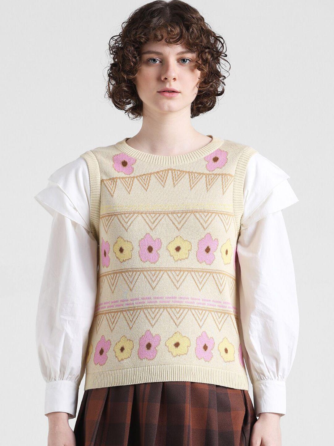 only onlverse ls knit-in floral self designed pure cotton pullover