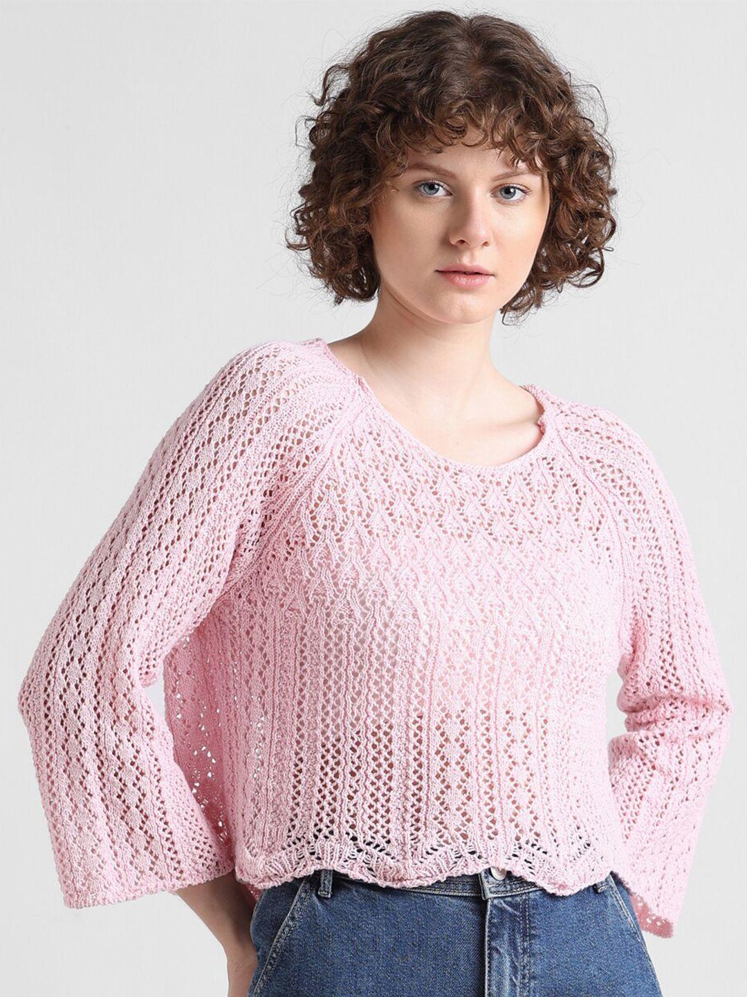 only open knit round neck pullover sweater