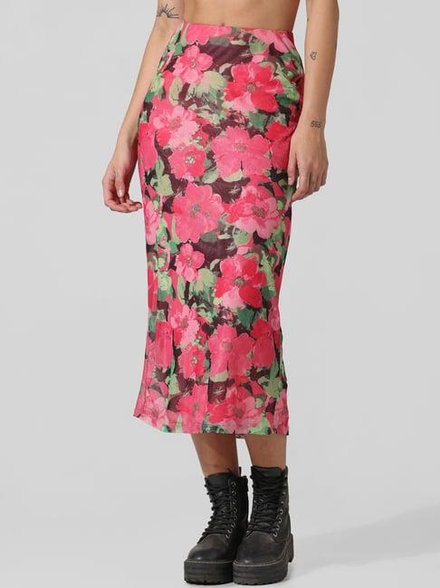 only pink floral print midi skirt