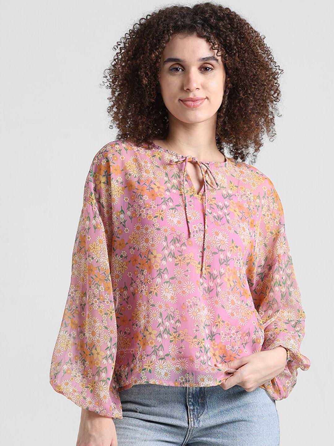only pink floral printed tie-up neck puff sleeves chiffon top
