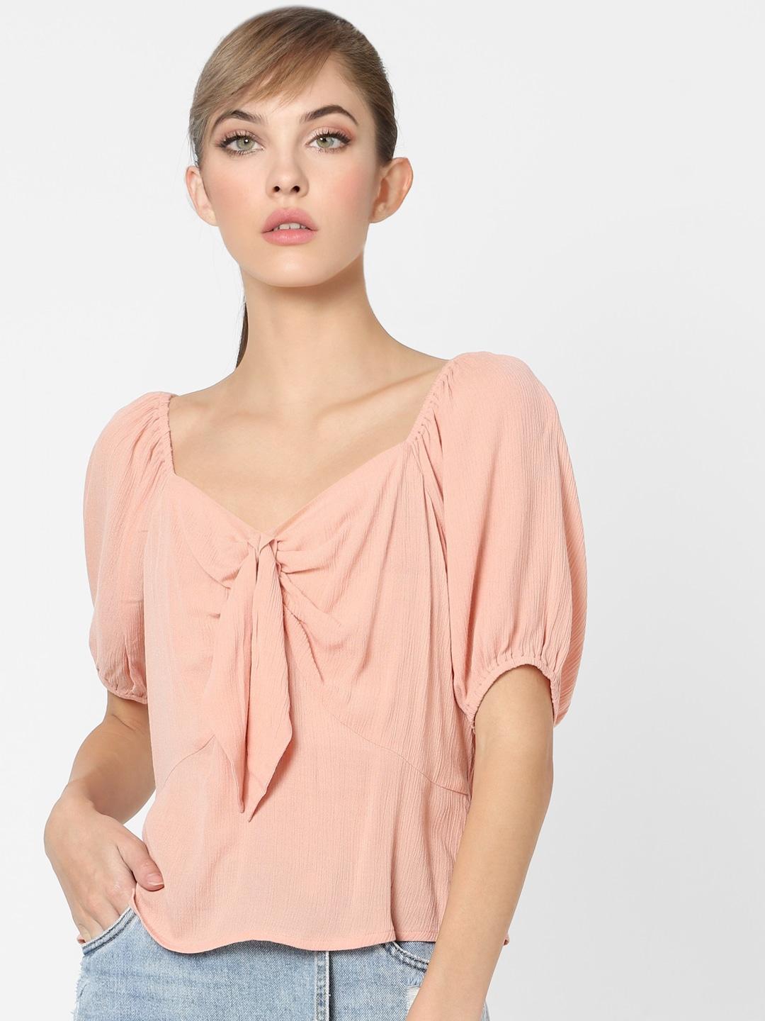 only pink puff sleeve regular top with gathers
