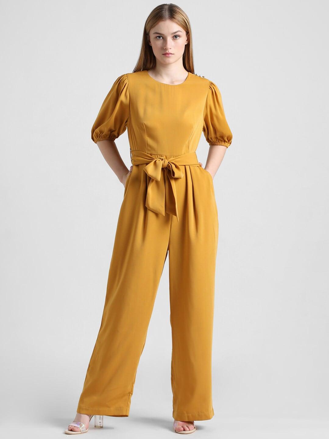 only puff sleeves waist tie-up detail belted basic jumpsuit