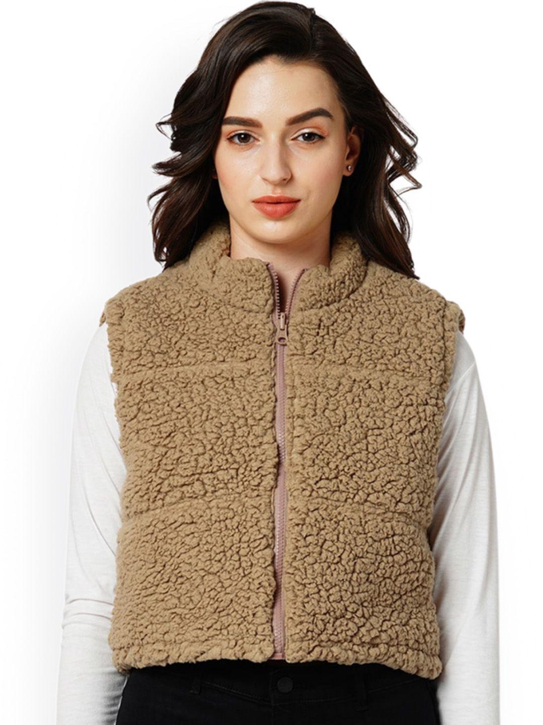 only self design mock collar faux fur detail sleeveless tailored jacket
