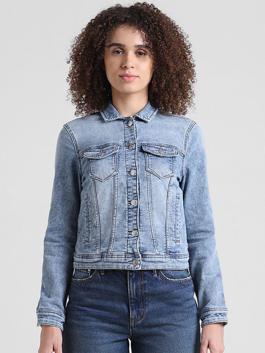 only spread collar washed pure cotton crop denim jacket