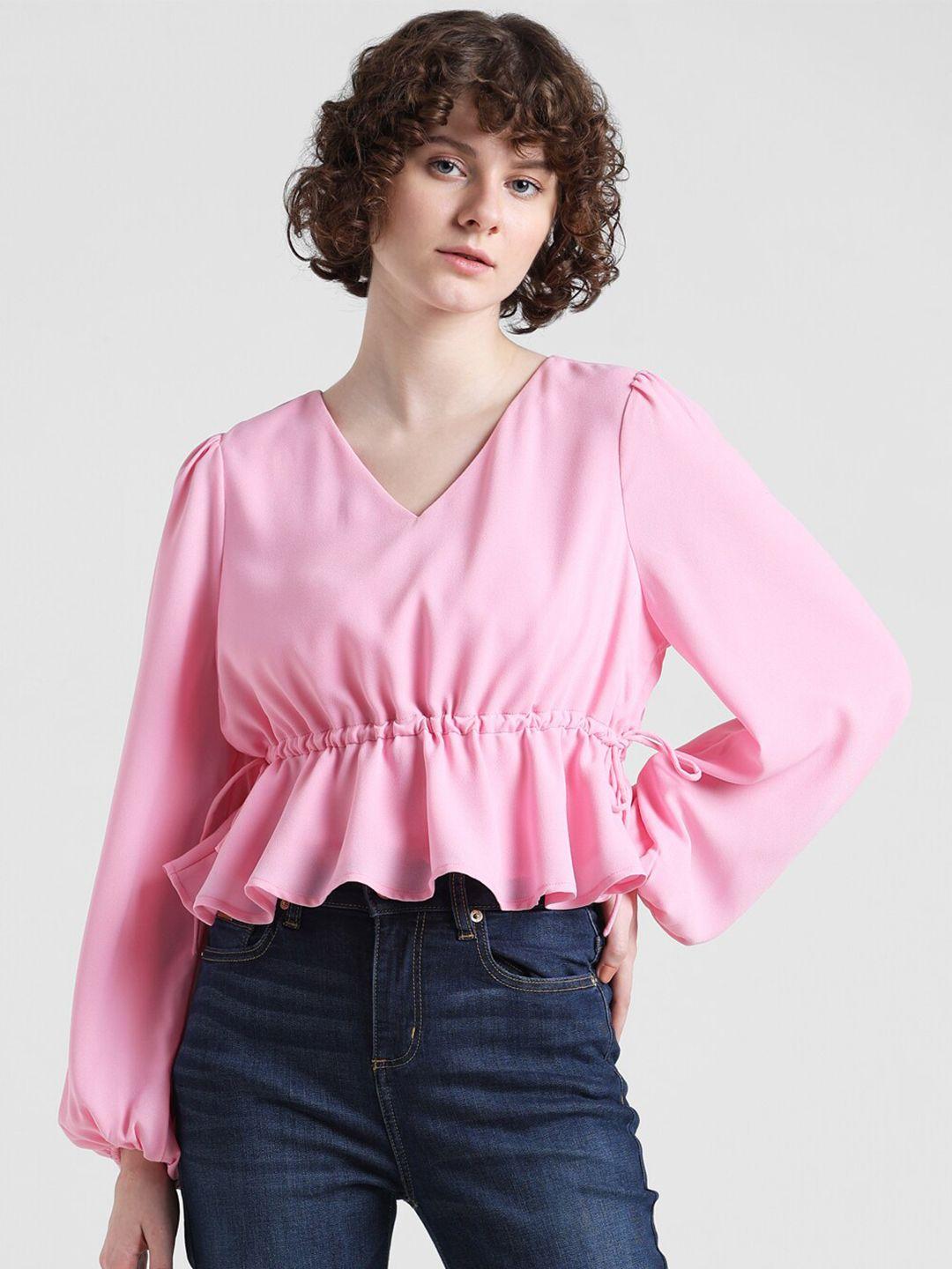 only-v-neck-puff-sleeves-crop-peplum-top