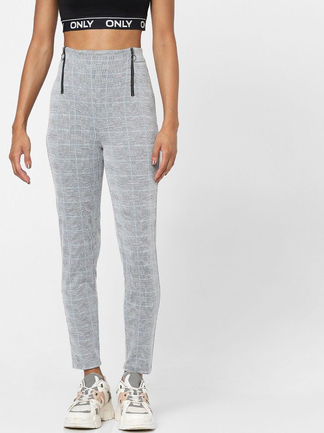 only white & grey checked high-waist skinny fit jeggings