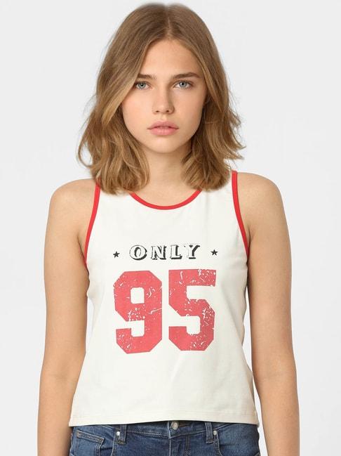 only white & red graphic print crop tank top
