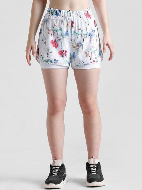 only white polyester floral print sports shorts