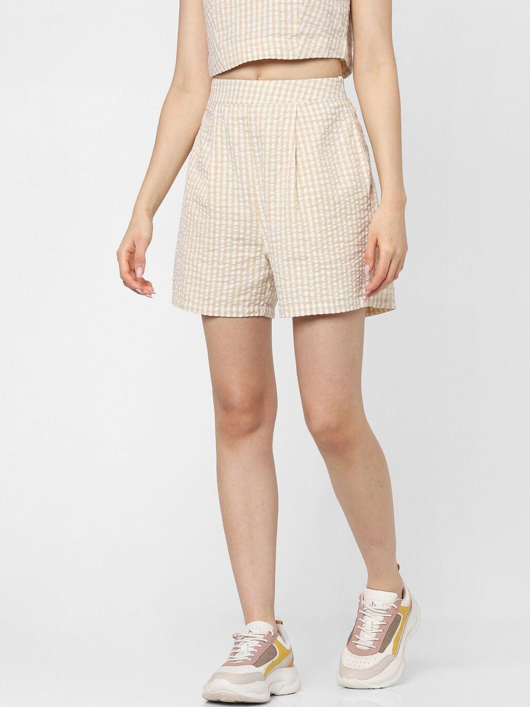 only women beige & white striped high-rise shorts