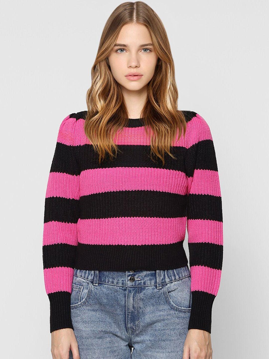 only women black & pink striped pullover sweater