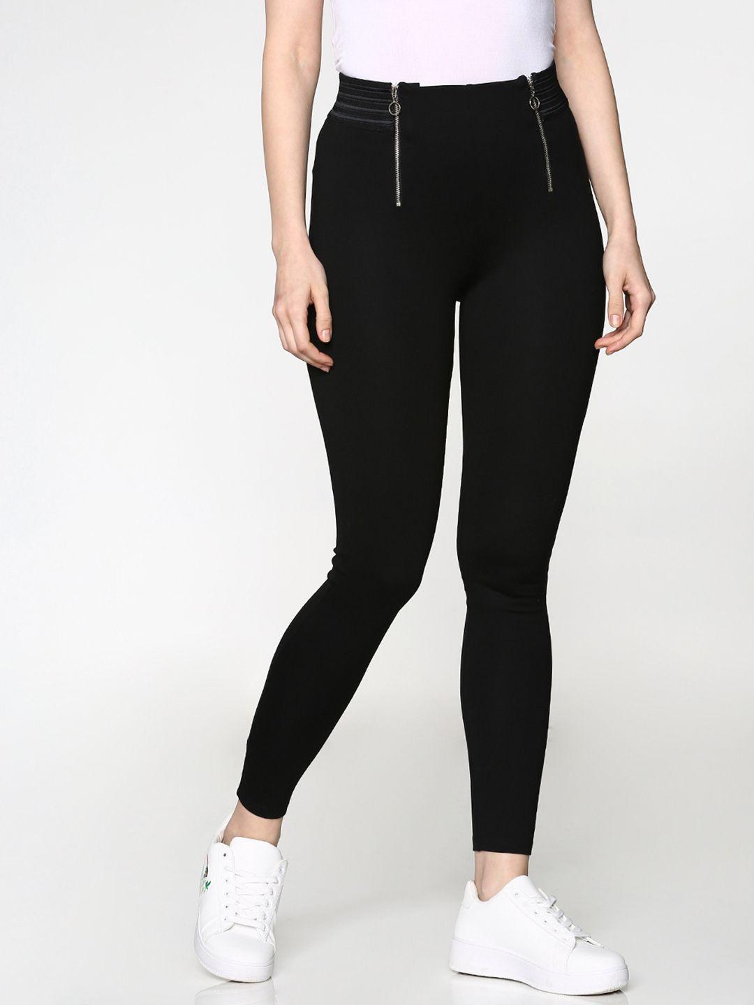 only women black solid high-rise treggings
