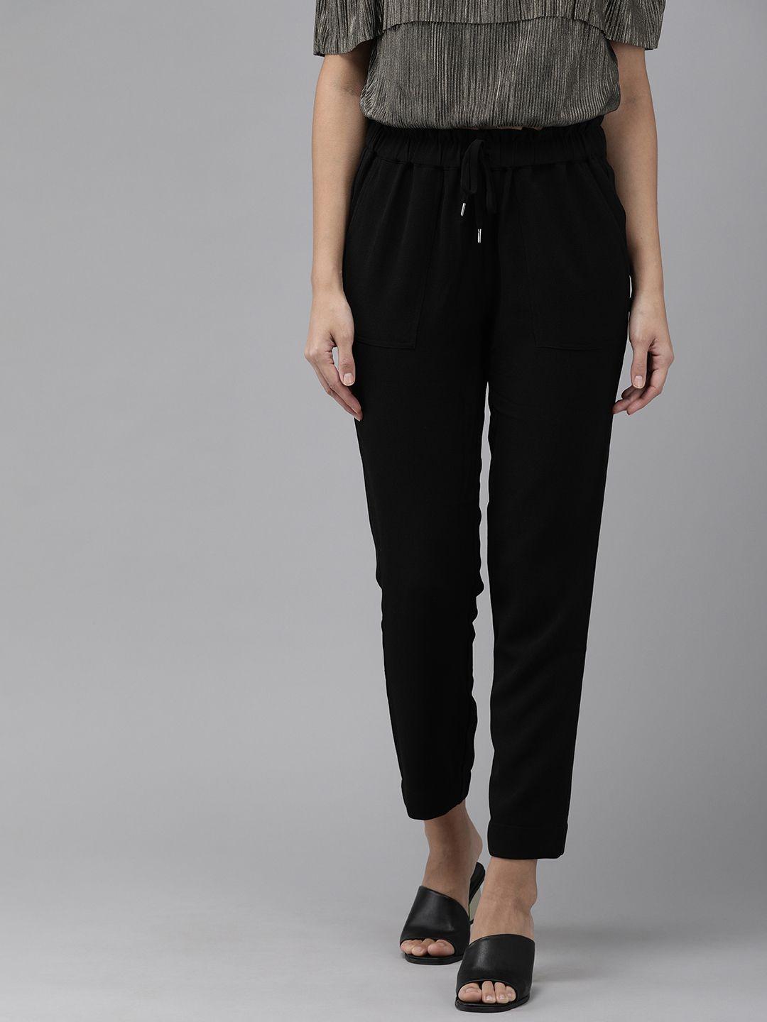 only women black straight fit solid regular cropped trousers