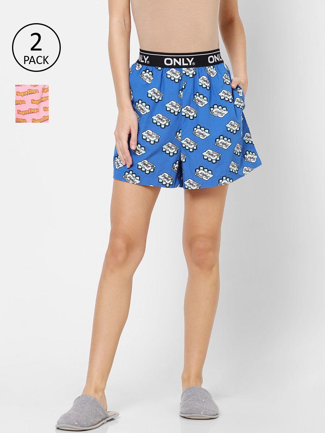 only women blue & pink pack of 2 printed lounge shorts