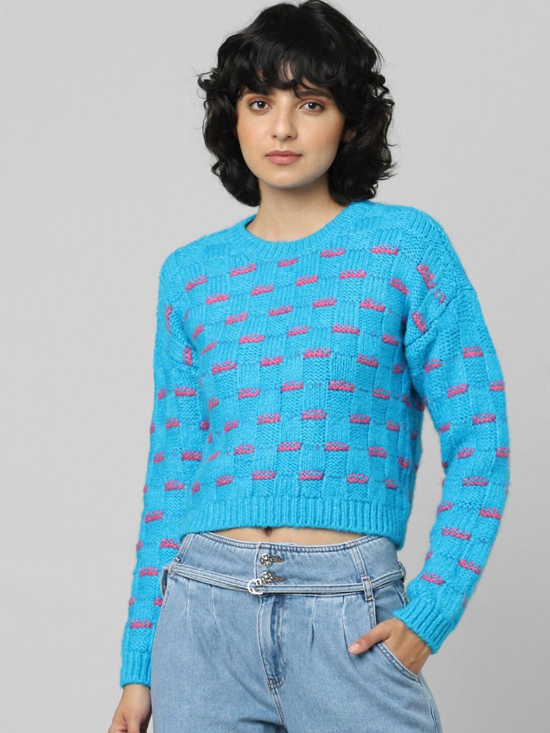 only women blue & purple cable knit crop pullover