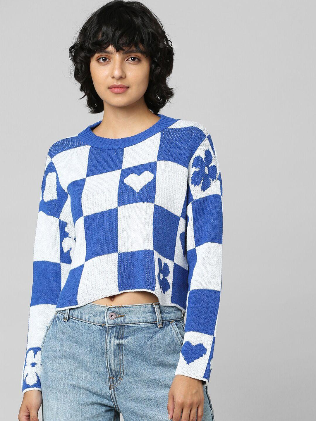 only women blue & white crop cotton pullover onljiggly life l/s cropped pu, birch, xs