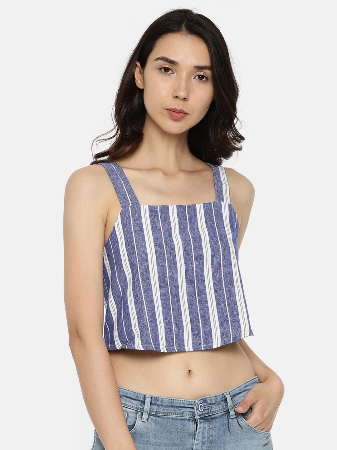 only women blue & white striped crop top