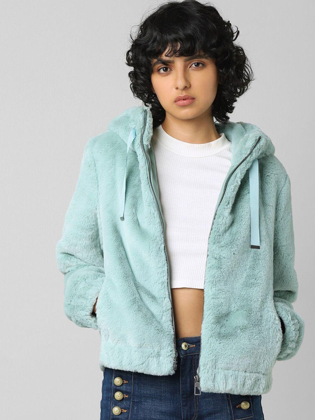 only women blue hooded open front jacket