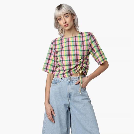 only women checked cinched detail crop top