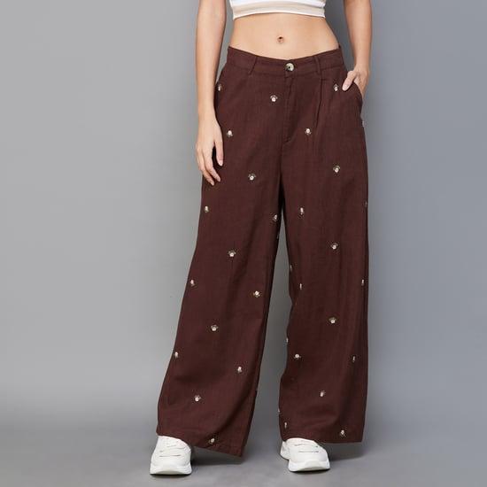 only women embroidered wide leg trousers