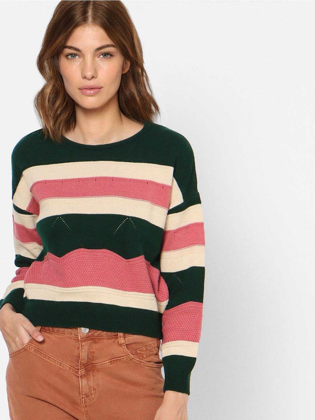 only-women-green-&-pink-striped-acrylic-pullover