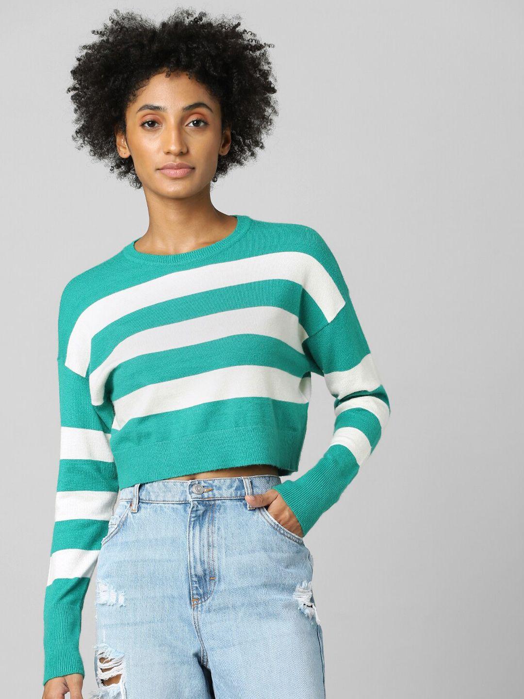 only women green & white striped crop pullover