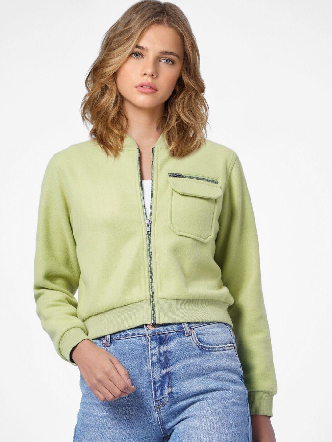 only women green solid open front jacket