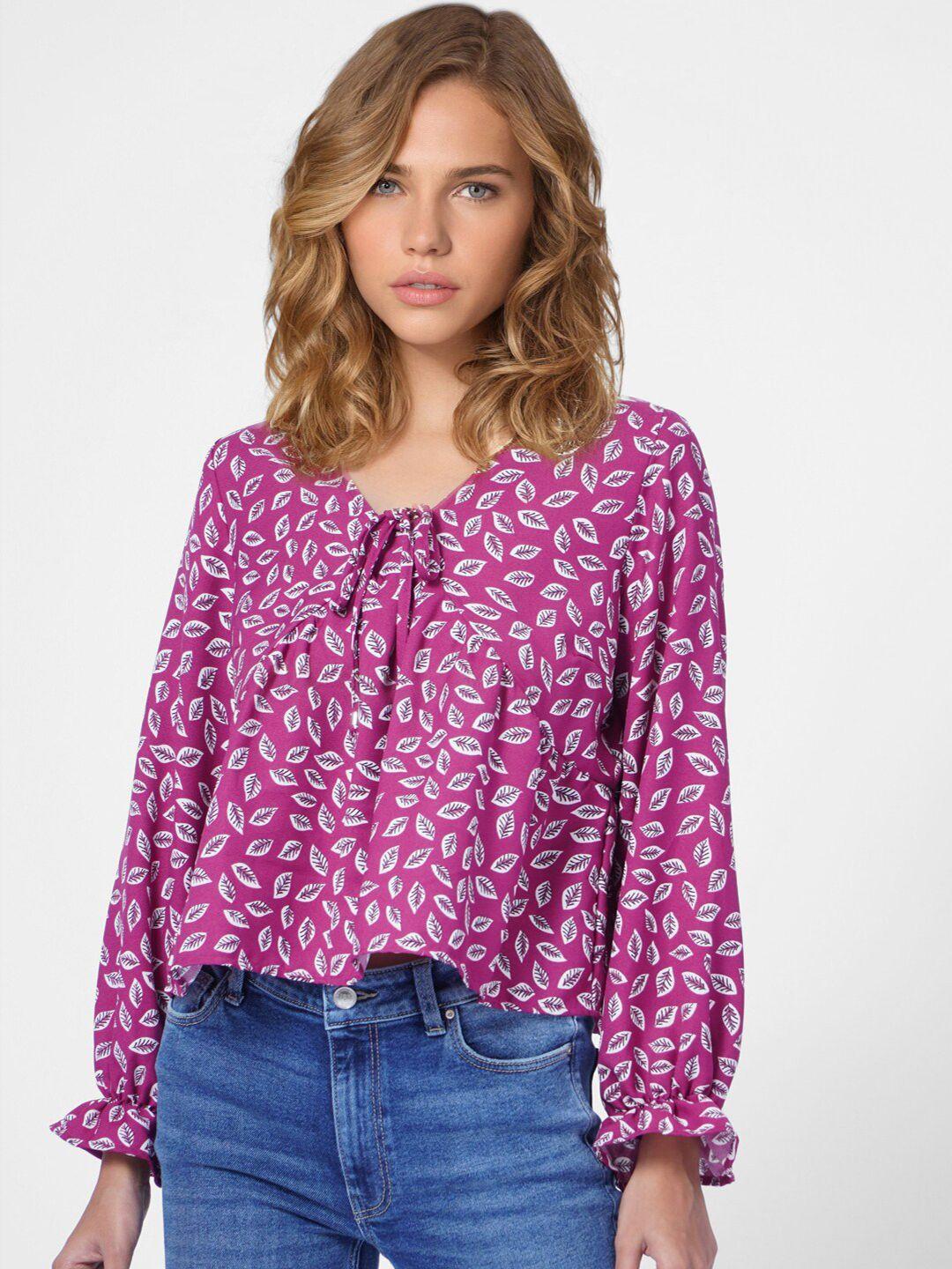 only women magenta & white tropical printed empire top