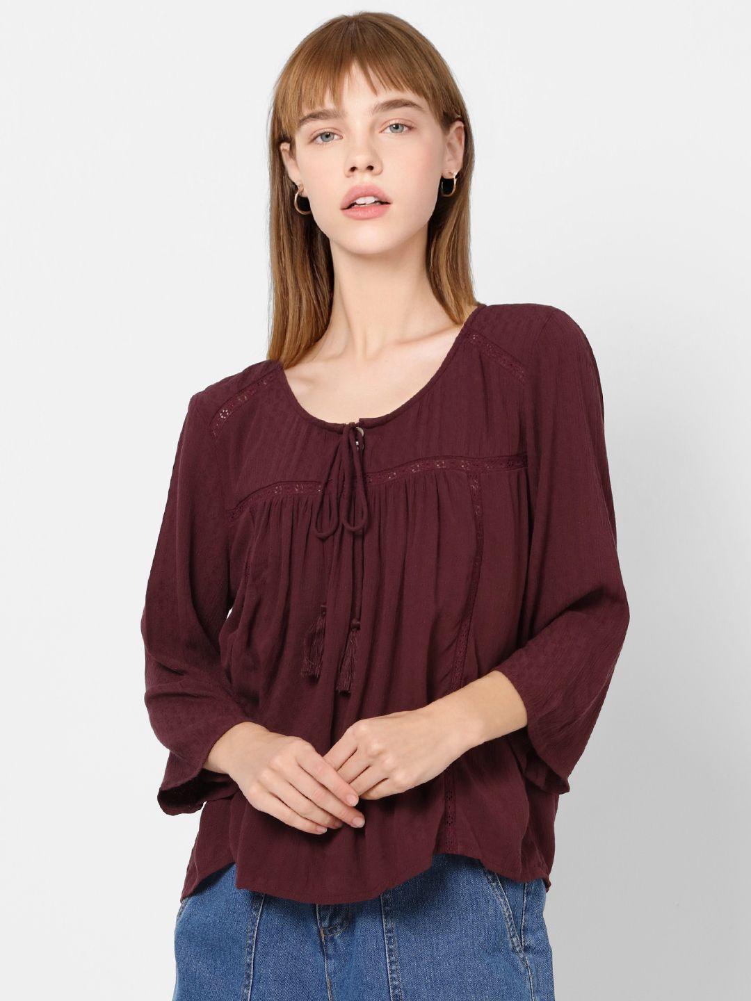 only women maroon solid pleated top with tie-ups