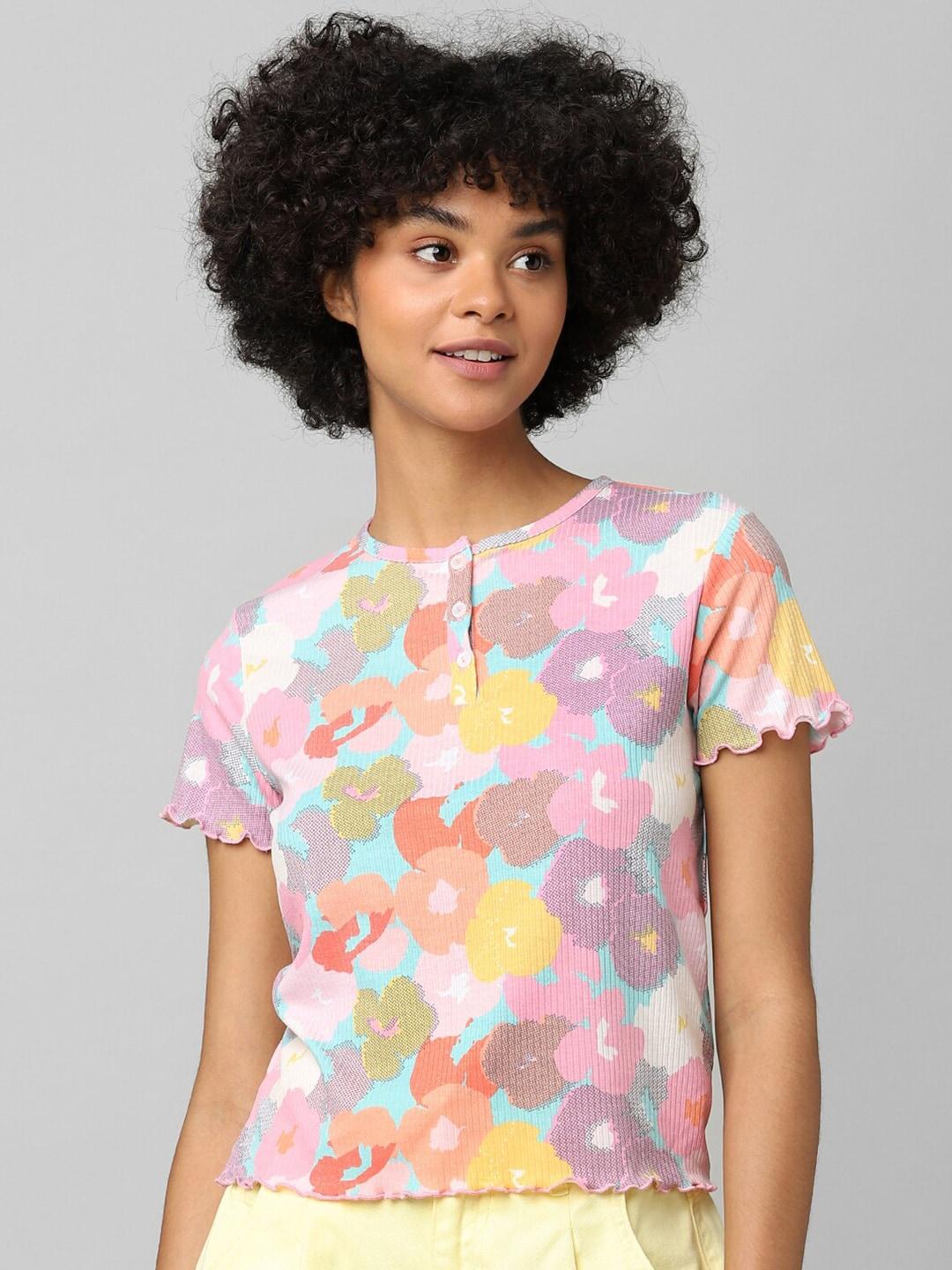 only women multicoloured floral printed slim fit t-shirt