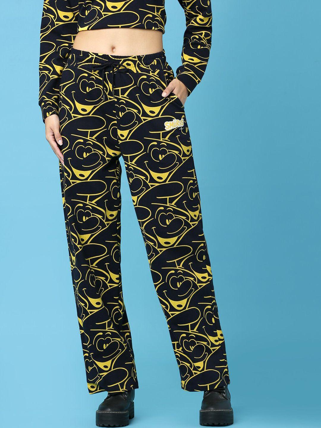 only women navy blue & yellow printed cotton track pants