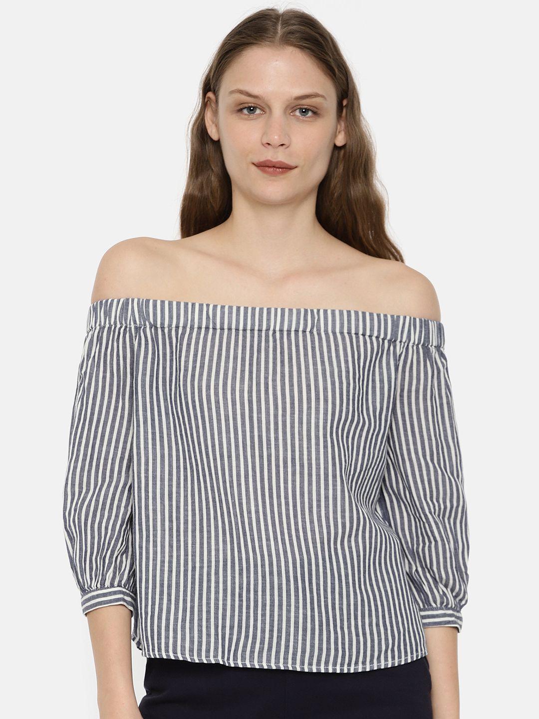 only women off-white & navy striped bardot top
