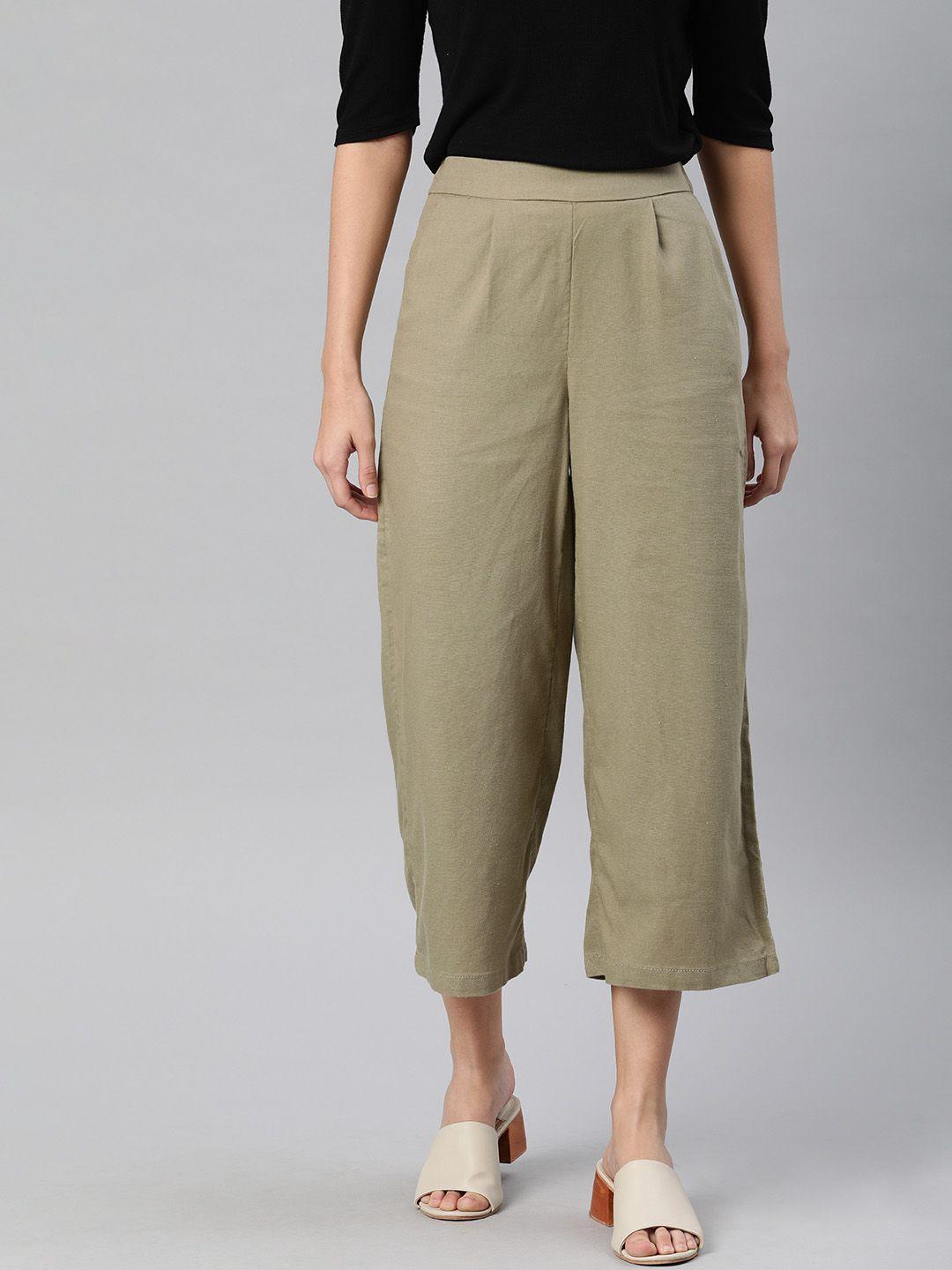 only women olive green loose fit solid culottes