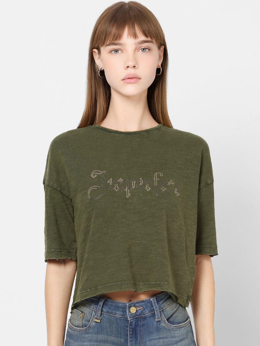 only women olive green printed round neck crop pure cotton t-shirt