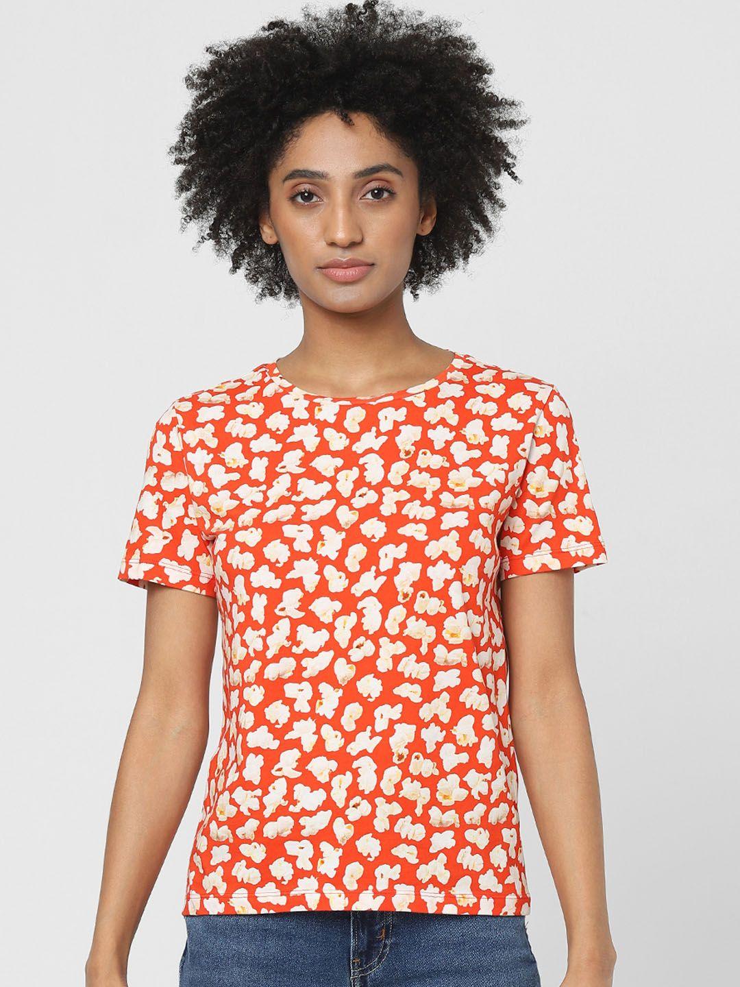 only women orange & white floral printed cotton t-shirt