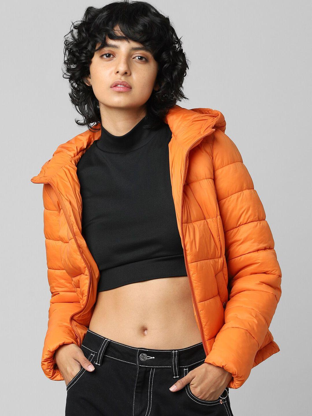 only women orange solid puffer jacket