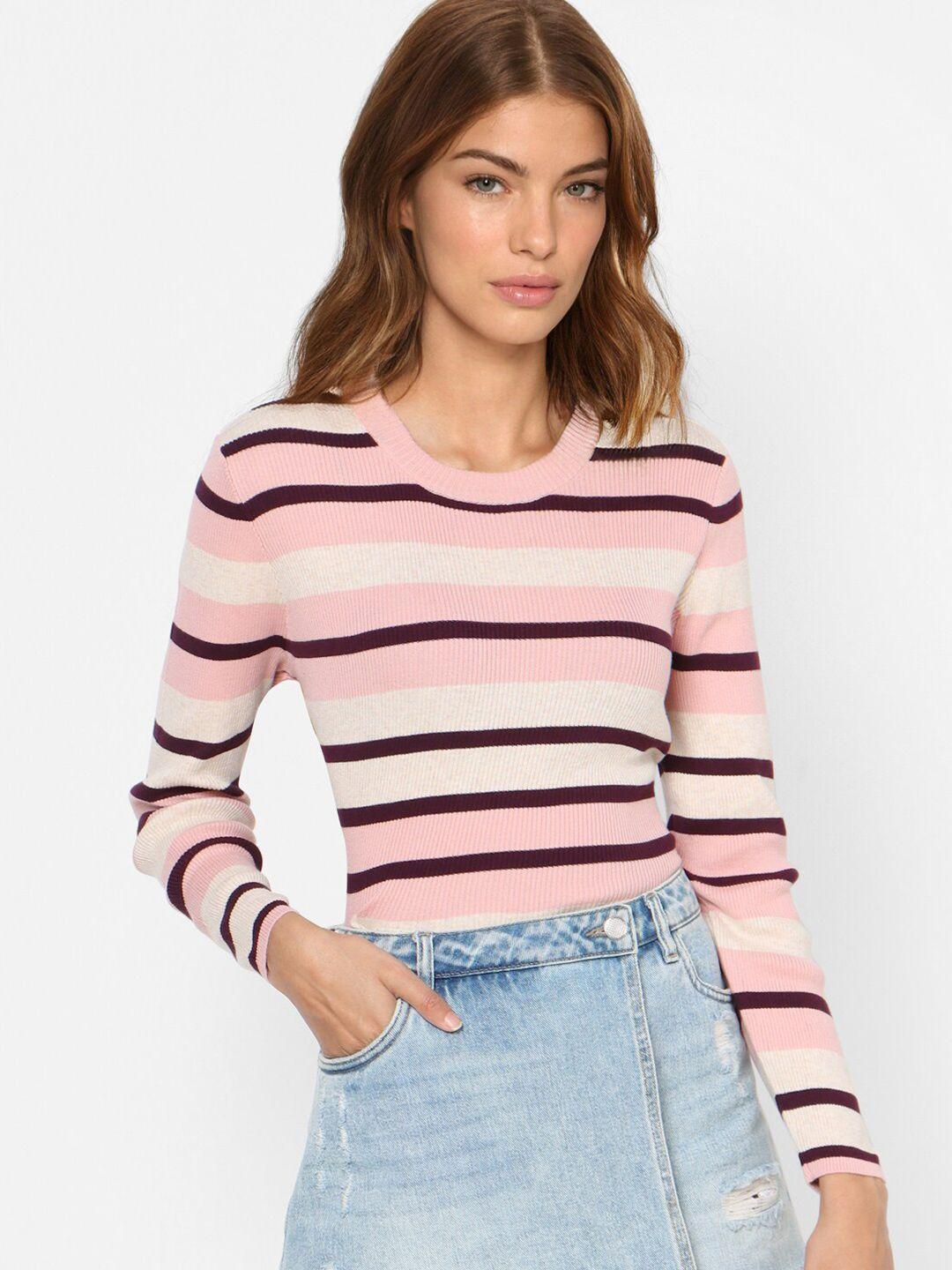 only women pink & black striped cotton pullover