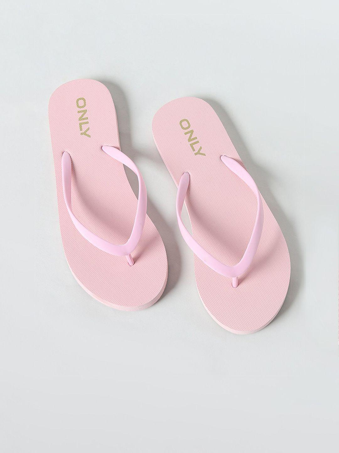 only women pink & gold-toned printed rubber thong flip-flops