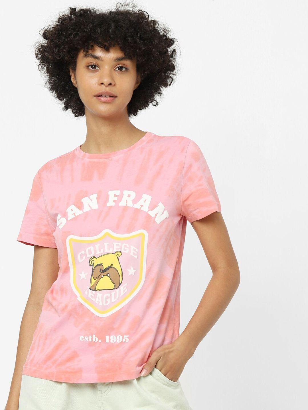 only women pink printed raw edge t-shirt