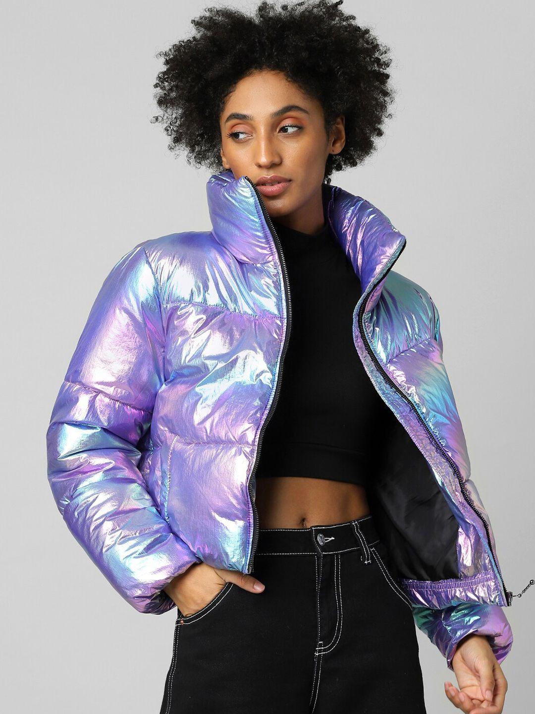 only women purple graphic puffer jacket