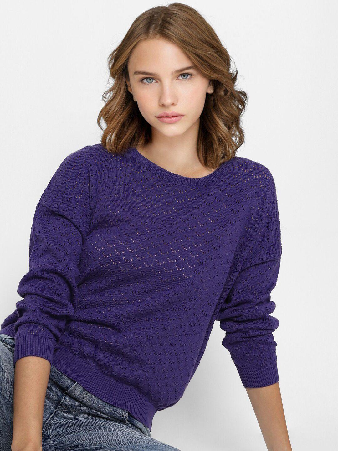 only women purple self designed pullover sweater