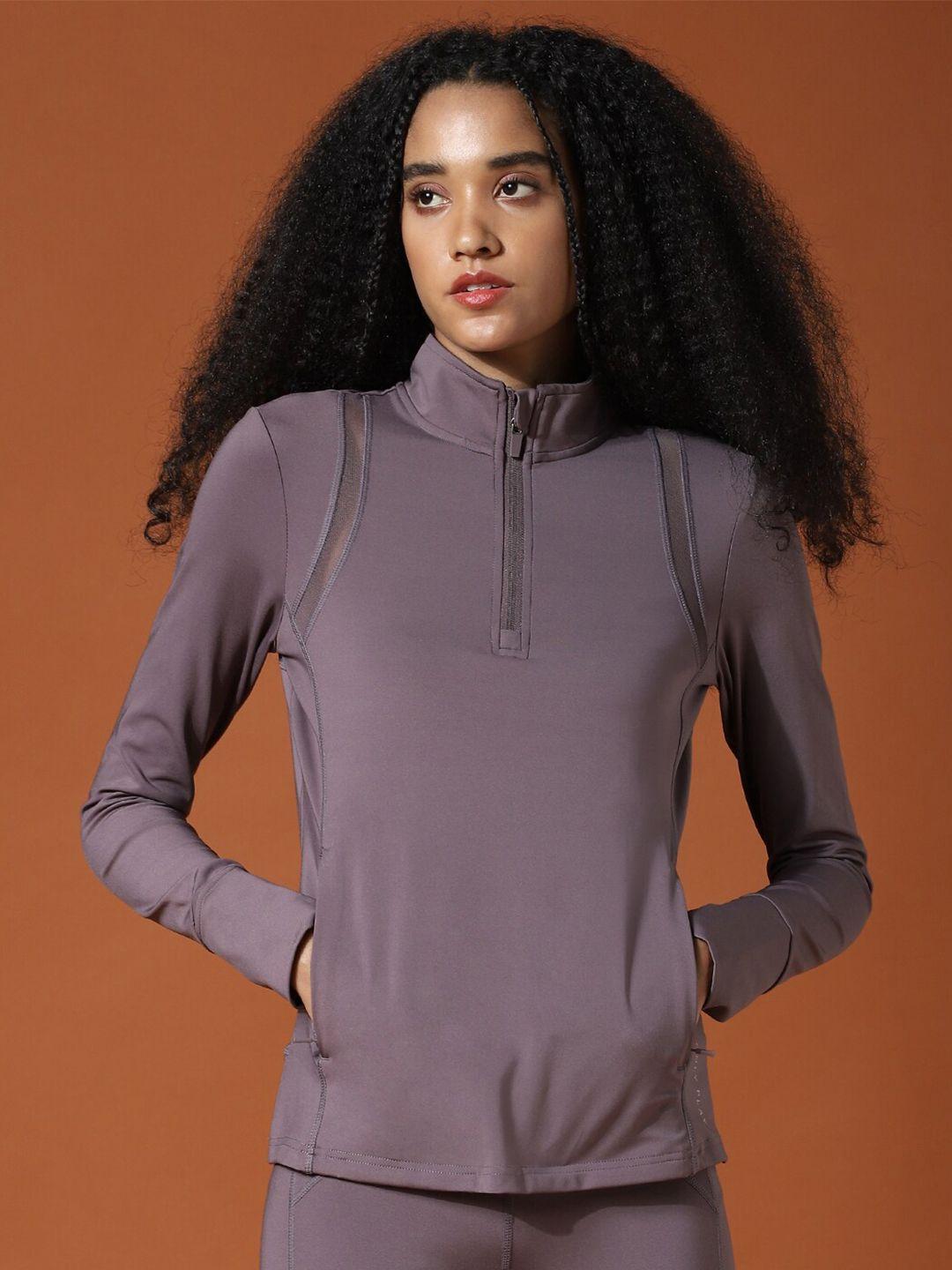 only women purple solid high neck long sleeves top