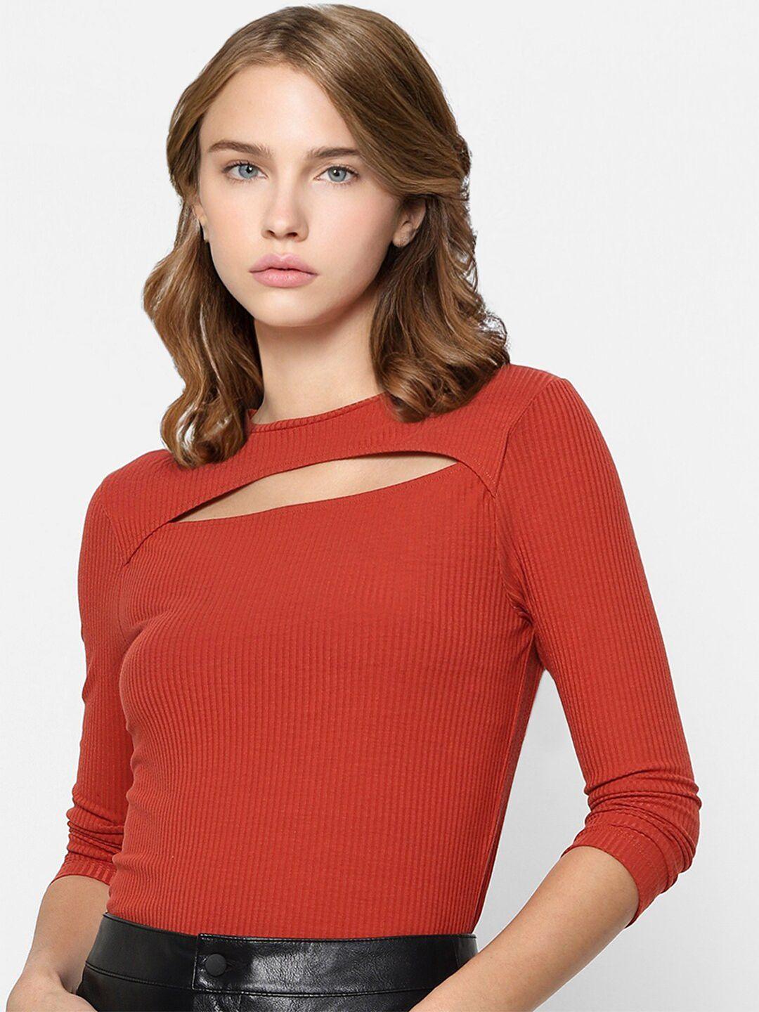 only women red solid fitted cut-out neck top