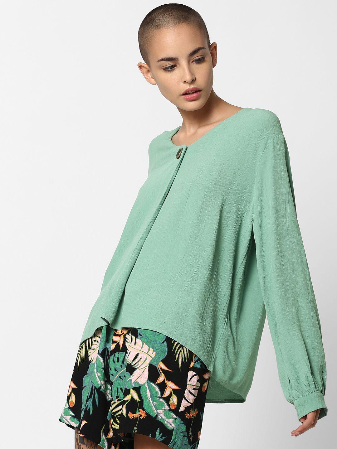 only women sea green solid boxy top