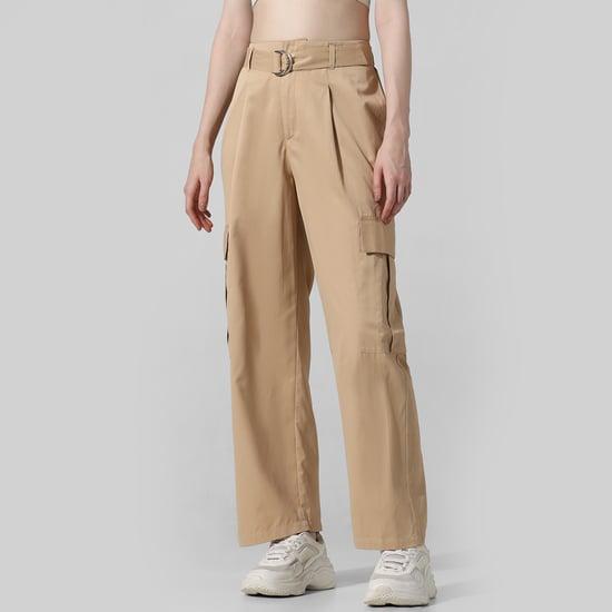 only women solid belted cargo trousers
