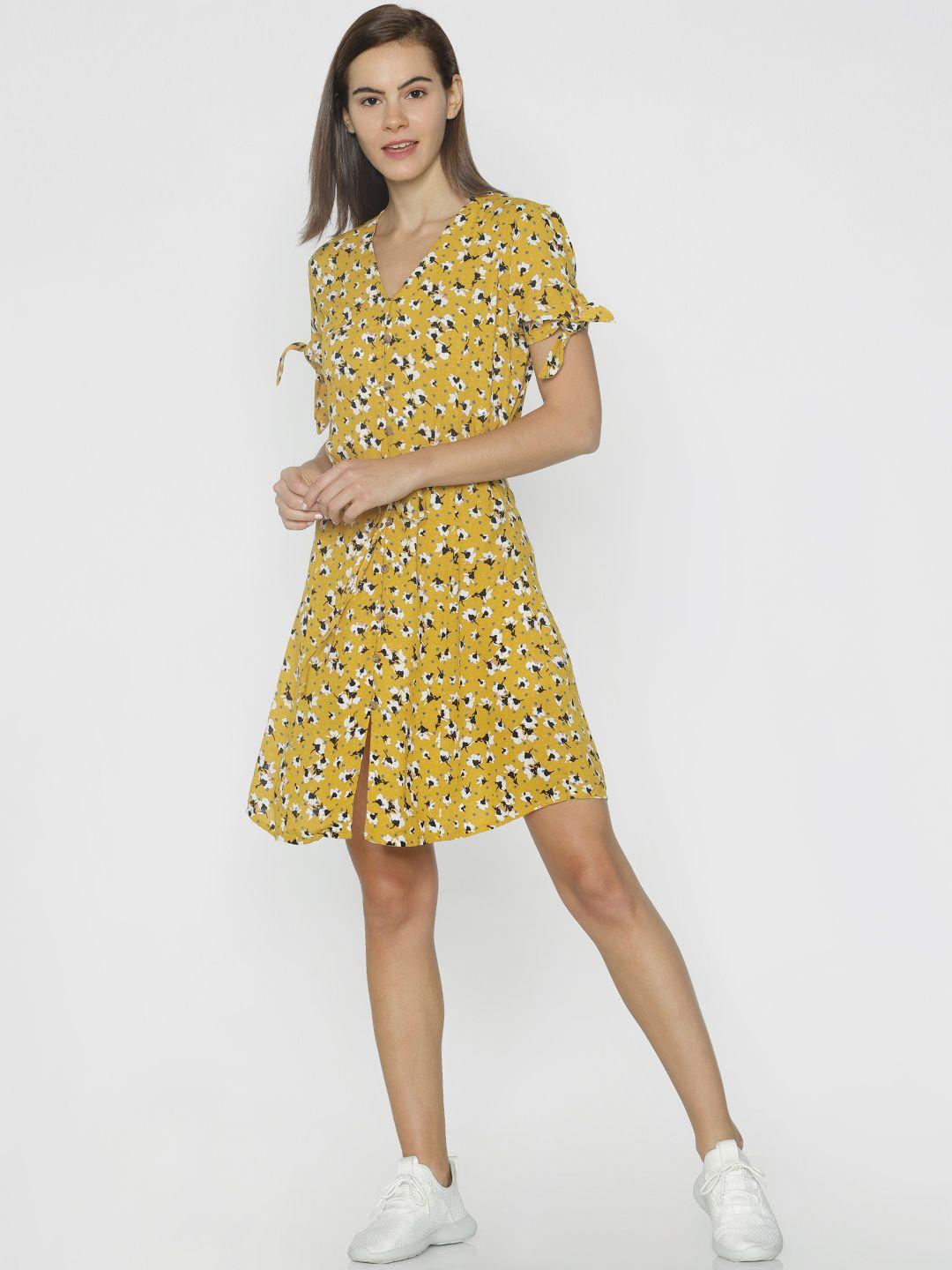 only women yellow & white printed fit and flare dress