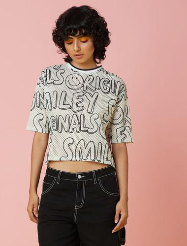 only x smiley® beige printed mesh top