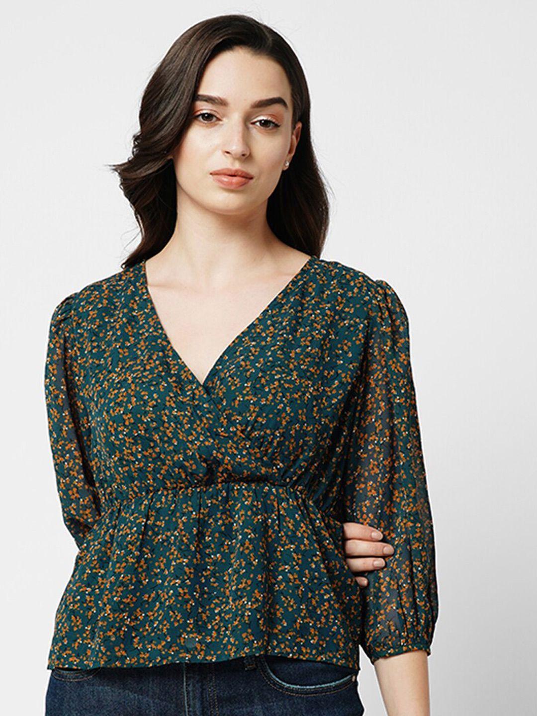 only absract printed puff sleeves v-neck peplum top