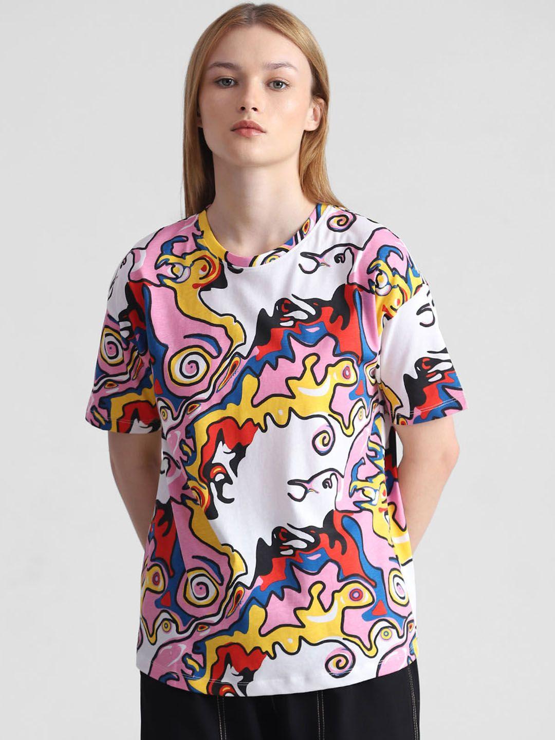only abstract printed extended sleeves loose cotton t-shirt