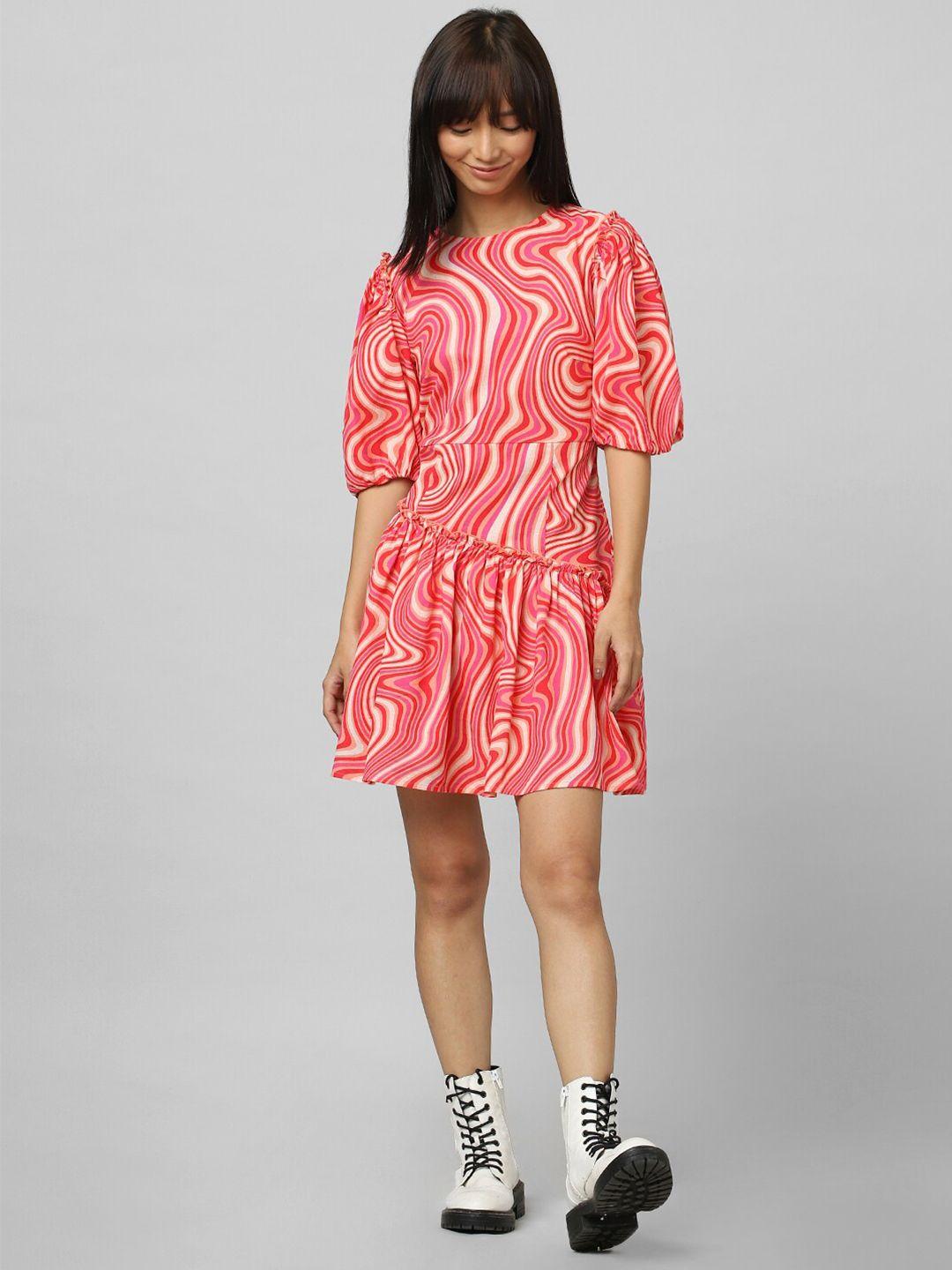 only abstract printed puff sleeves cotton mini dress