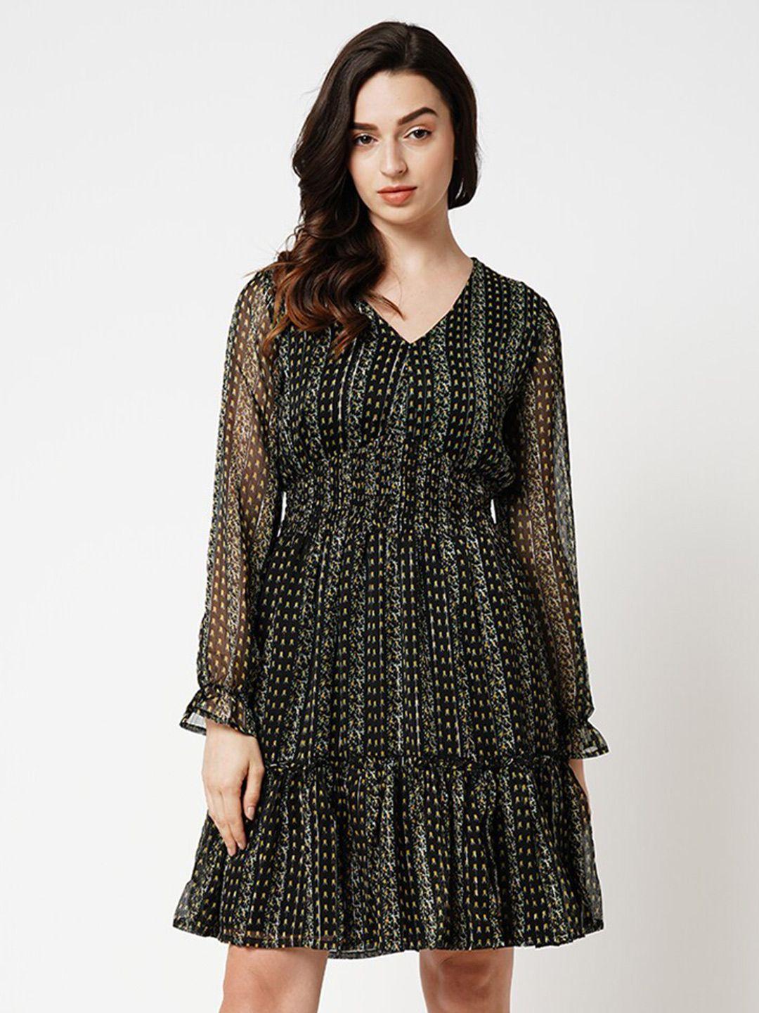 only abstract printed puff sleeves smocked v-neck flounce chiffon fit & flare dress